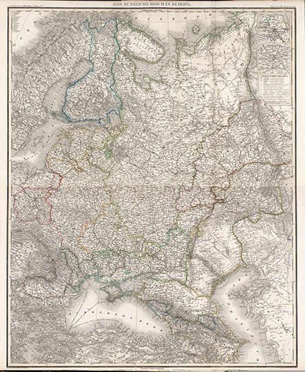 Карта Европейской России в Атласе Стейна  1:4.5M% European Russia in Stein World Atlas
Карта Европейской России в Новом Атласе Мира Стейна, 27-е издание, Лейпциг, 1854г. 88 х 52 см. Масштаб 1:4,475,000. Сборная карта, составленная из двух листов карт северной и южной частей Европейской России. Das Russische Reich in Europa. Nordlicher Theil, Sudlicher Theil. Entworfen und gezeichnet von G. Heck. Gestochen von J.L. v. Baehr in Halle. (in upper margin) Leipzig, J.C. Hinrichs'sche Buch- und Landkartenhandlung. 1853. Stein, Neuer Atlas der ganzen Erde.
Ключевые слова: атласы,немецкие карты