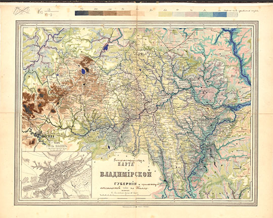 Гипсометрическая карта Владимирской губернии 1:840К % Vladimirskaya gubernia
Гипсометрическая карта Владимирской губернии и прилегающих местностей по Тилло]. Масштаб - 20 верст в дюйме. - Санкт-Петербург, [189-]. - 1 л. : цв., раскраска от руки; доп. карта; 57x80 см. Спецнагрузка нанесена от руки. Гидрографическая сеть нанесена подробно. Доп. карта : План города Владимира. 1:42 000. KGR Ко 13/VII-9
Ключевые слова: Владимир,издательство Ильина