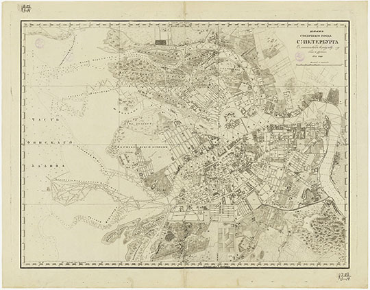 План столичного города С.-Петербурга 1:8400 % Plan of St. Petersburg
План столичного города С.-Петербурга с означением входа в реку Неву, глубины в футах 1825 года. 76x59 см. Масштаб - 100 сажен в дюйме.
Ключевые слова: Санкт-Петербург