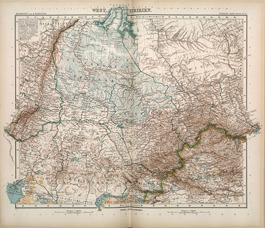 Западная Сибирь в Атласе Штилера 1:7.5M% West Siberia in Stielers Hand-Atlas
Западная Сибирь в Атласе Штилера 1905 года. Масштаб 1:7,500,000. 37 х 46 см. 57. West-Sibirien., 1902. В кн.: Stielers Hand-Atlas. 100 Karten in Kupferstich mit 162 Nebenkarten herausgegeben von Justus Perthes' Geographischer Anstalt in Gotha. Neunte, von Grund aus Neubearbeitete und Neugestochene auflage. Gotha: Justus Perthes. 1905.
Ключевые слова: атласы,немецкие карты,атласы Штилера,Сибирь