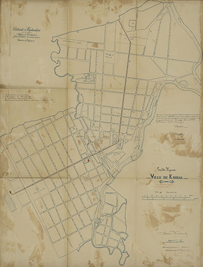 План города Курска с проектом трамвая  1:4K% Plan of Kursk with tram project
План города Курска. Ville de Koursk.  Масштаб 1:4200. Проект прокладки в городе Курске электрического трамвая бельгийской компанией Electricite de Hydraulique. Утвержден к исполнению в Санкт-Петербурге 12 сентября 1896 года.
Ключевые слова: Курск