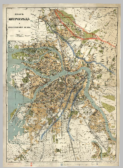 План Петрограда с окрестностями 1:21К %Plan of Petrograd and vicinity
План Петрограда с ближайшими окрестностями. 1914. Масштаб 1:21000, 250 саженей в дюйме. Трамвай обозначен красными линиями. Литография Северного Военно-Топографического отдела.
Ключевые слова: Санкт-Петербург