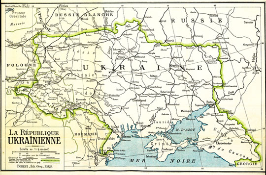 Карта территориальных претензий Украины  1:4M% Map of requested territory for Ukraine
Украинская республика. Карта территориальных претензий Украины, представленная на  Парижской мирной конференции по итогам Первой мировой войны в 1919 г. Масштаб 1:4,000,000. Из сб.: «Mémoire sur l’indépendance de l’Ukraine présenté à la Conférence de la paix par la délégation de la république ukrainienne» («Записка о независимости Украины, представленная делегацией Украинской республики на мирной конференции»). Париж,1919г.
Ключевые слова: Украина