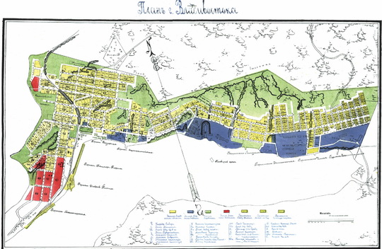 План Владивостока  1:8K% Plan of Vladivostol
План г. Владивостока с указанием земельных участков. Масштаб - 100 сажен в англ. дюйме. Из кн.: Адрес-календарь крепости Владивостока Приморской области на 1900 год
Ключевые слова: Владивосток
