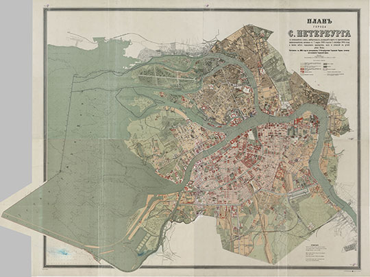 План С. Петербурга с показанием улиц 1:13К %Plan of S. Petersburg 
План города Санкт-Петербурга с показанием улиц, набережных, площадей и прочего с присвоенными наименованиями, начиная с 7 марта 1880 года по 1 сентября 1904 года, а также всех городских имуществ, вод и отмелей в устье реки Невы. Составлен в 1904 году по распоряжению С.-Петербургской Городской Управы согласно постановления Городской Думы. Масштаб - в английском дюйме 150 саженей. Автор - П. Махотин. Картографическое заведение А. Ильина. 
Ключевые слова: Санкт-Петербург,издательство Ильина