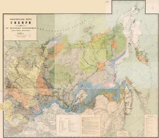 Геологическая карта Сибири  1:4.2M% Geological map of Siberia
Геологическая карта Сибири и ее полезные ископаемые. Издание горного Департамента. 1905г. Масштаб в английском дюйме 100 верст. Составил Горный Инженер В.С. Реутовский по литературным источникам.
Ключевые слова: Сибирь,геология