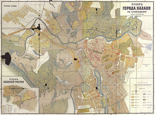 План города Казани  1:8K% Plan of Kazan
План города Казани с слободами. Издание И.Н. Харитонова.  Масштаб: в английском дюйме 100 саж.  Издание лито-типографии И.Н. Харитонова. Казань, соб. дом.
Ключевые слова: Казань