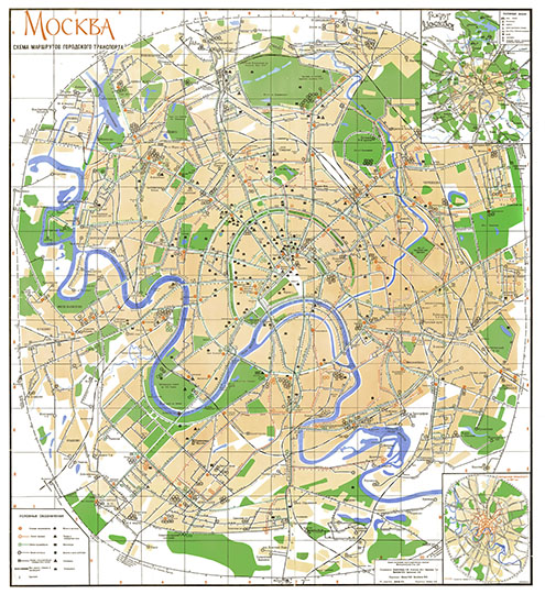 Схема маршрутов городского транспорта %Municipal transportation network
Москва. Схема маршрутов городского транспорта. Буклет "Как проехать по Москве". Изд. Московский рабочий, 1968. Условная координатная сетка. На врезках - пригородные автобусные маршруты и автобусные маршруты автохозяйств Московской области, заходящие на территорию Москвы
