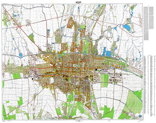 План города Фрунзе 1:10К %Plan of Frunze
Топографический план города Фрунзе, Киргизская ССР. Масштаб 1:10,000. Составлен по картам квадрата K-43-41,42. издания 1987 года. По съемке 1960, 61, 81 и 85 годов с исправлениями в 1984 - 1986 годах. Подготовлен к изданию по оригиналу ГУГК при СМ СССР
Ключевые слова: Бишкек,Фрунзе,топографические карты