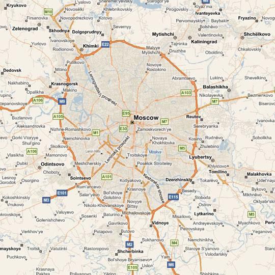 Microsoft/Bing карта%Microsoft/Bing map
Пример 'западной' карты Москвы из картографического сервиса Bing компании Microsoft. Информация представлена на английском языке. Уровень детализации невысок - показана лишь уличная и дорожная сеть Москвы, причем иногда весьма условно. Максимальное разрешение - 19, но после уровня 17 детализация объектов не возрастает.
Ключевые слова: карты мира