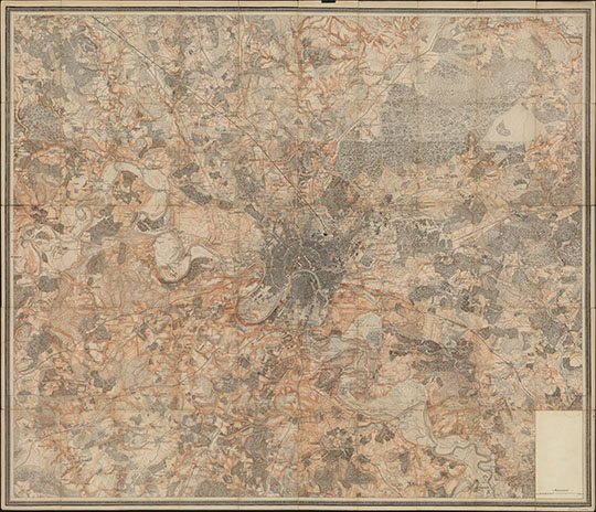 Топографическая карта окрестностей Москвы 1:42К % Topographic map of Moscow and vicinity
Топографическая карта окрестностей Москвы. Масштаб 1:42,000. Испр. по новейшим сведениям и гравир. при Воен.-Топогр. Депо; грав. Копьев и Сорокин; вырез. слова Шишкин. - Испр. в 1852 м 1856 г. - [Санкт-Петербург : Воен.-топогр. депо, 1856]. - 1 л. в футл.: цв.; 101x117 см, слож. 20x12 см. Загл. на футл.: Карта окрестностей Москвы. 1856 г. Дано изображение рельефа отмывкой
Ключевые слова: карты Шуберта
