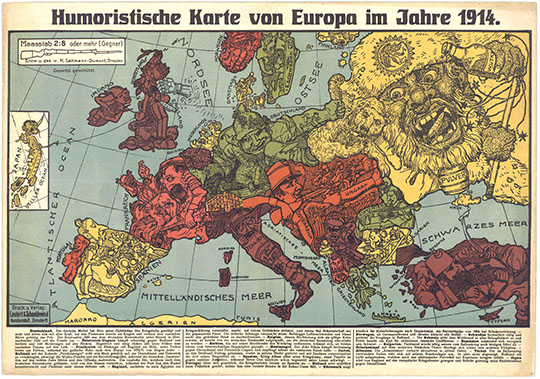 Юмористическая карта Европы %Humoristische Karte von Europa im Jahre 1914
Юмористическая карта Европы в 1914 году. Германия. Humoristische Karte von Europa im Jahre 1914. Druck u Verlag Leutert and Schneidewind. Kunstansalt, Dresden 21.
Ключевые слова: Европа,пропаганда,немецкие карты