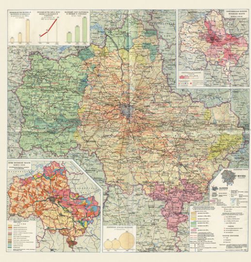Карта сельского хозяйства области 1:600K%Map of Moscow region agriculture
Московская область. Карта сельского хозяйства. Составлена Научно-редакционной картосоставительской частью Главного управления геодезии и картографии МВД СССР. Москва, 1959 г.  М. 1:600 000. 65,5 х 66,5 см.  Без сетки и координат. Показаны населенные пункты, колхозы, совхозы, ремонтно-тракторные станции (РТС), гидрография, пути сообщения (водные, железнодорожные и безрельсовые), леса, болота, полезные ископаемые, административные границы. Цветом выделены сельскохозяйственные зоны со значительным производством в колхозах овощей, молока, мяса, льна, зерна.
Ключевые слова: Подмосковье,карты ГУГК СССР