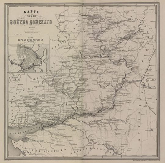 Карта земли Войска Донского в Атласе Ильина  1:1.3M% Don region by Ilyin
Карта земли Войска Донского. Масштаб 1:1,260,000. На врезке - план г. Новочеркасска. В кн.:  Подробный атлас Российской империи с планами главных городов. Издание картографического заведения А. Ильина. СПб, 1871, 6 с., 70 л. карт.
Ключевые слова: Ростов-на-Дону,атласы,издательство Ильина,атлас 1871