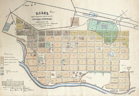 План Кургана 1:4200 % Plan of Kurgan
План существующего расположения города Кургана Тобольской губернии с показанием прирезанных вновь кварталов. Составлен по магнитному меридиану в 1900г. Масштаб - 50 сажен в дюйме.
Ключевые слова: Курган