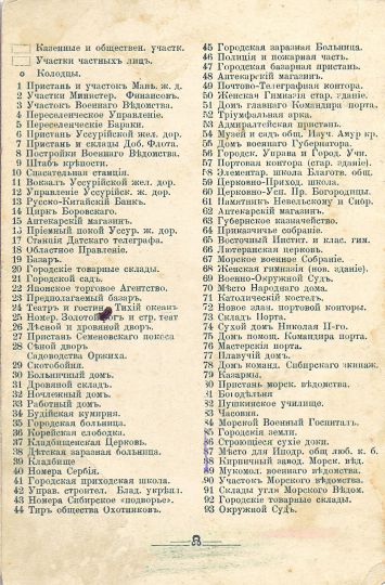 Легенда к плану Владивостока 1902 года
Легенда к плану Владивостока 1902 года - код карты 14190212. Почтовая открытка. Владивосток : Издание магазина Густ. А. Цорна, 1904
Ключевые слова: Владивосток