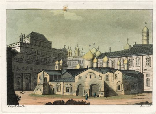 Собор Спаса на Бору и Термной дворец
Вид со стороны парадного двора царской рездиенции. В центре - собор Спас на Бору, слева - Теремной дворец, справа - часть Кремлевского дворца (1753), в центре на заднем плане - Теремные церкви, купола Успенского собора, колокольня Ивана Великого (справа).
