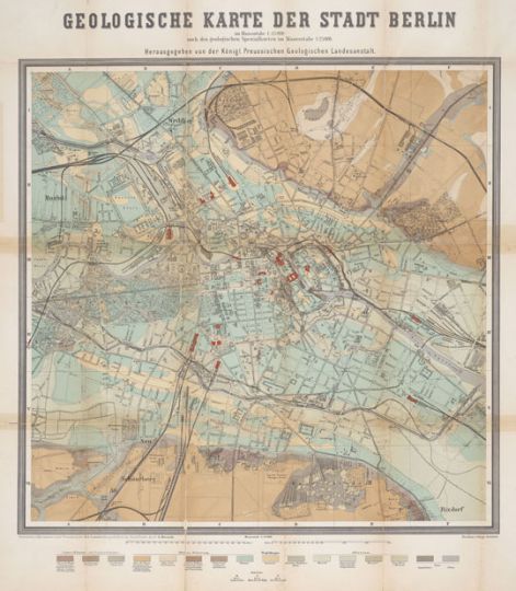 Геологическая карта Берлина 1:15K%Geological map of Berlin
Геологическая карта города Берлина. Geologische Karte der Stadt Berlin, im Maassstabe 1:15000 nach den geologischen Specialkarten im Massstabe 1:25000 Berliner lithogr. Institut. Масштаб 1:15,000. 54x53,5 см
Ключевые слова: Берлин,немецкие карты,геология