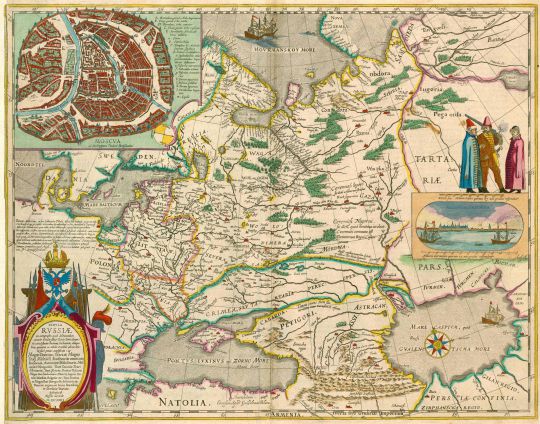 Russiae - план работы Hessel Gerritsz
Гравер Hessel Gerritsz. Tabula Russiae ex autographo, quod delineandum curavit Foedor filius Tzaris Boris desumta; . . .Фрагмент плана из кн.:  Theatre du Monde ou Nouvel Atlas. J. Blaeu, 1643-50.M.DC.XIIII. - Blaeu J., 1663. 42.5 x 54.5 см.
