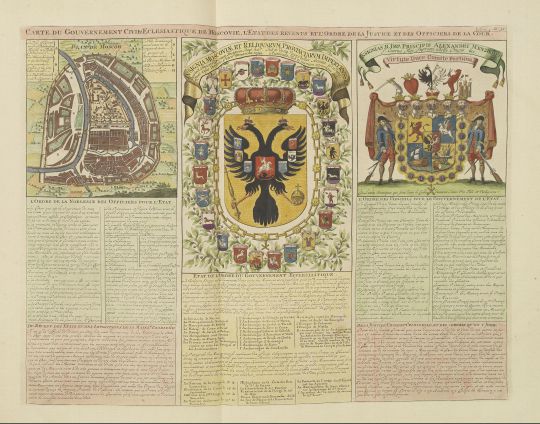 Carte de Gouvernement Civil et Eclesrastique de Moscovie...
Carte de Gouvernement Civil et Eclesrastique de Moscovie, l'Etat des revenus et l'Ordre de la Justree et des Officiers de la Cour ... (Таблица гражданского и духовного управления Московии, состояния доходов, а также приказов судебного и боярского). В книге: Gueudeville. Atlas historique ou nouvelle introduction à l'Histoire à la Chronologie & â la Geographie Ancienne & Moderne. (Исторический атлас или новое введение в историю, хронологию и древнюю и новую географию). T. IV. Amsterdam, Zach. Chatelain, 1-ère éd. 1714, tabl. 35; 2-de éd. 1735, tabl. 31.

