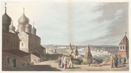 Вид Москвы
Вид из Кремля к Воспитательному дому. Слева Благовещенский и Архангельский соборы, справа часть Кремлевского сада, церковь Константина и Елены (1651, на месте более ранней, разрушена в 1928).
