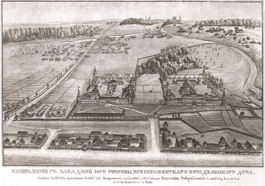 Изображение с западной юго-стороны Преображенского богадельного дома
