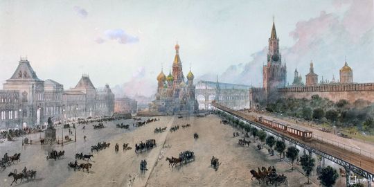 Эстакада и Центральный вокзал метрополитена на Красной площади
Эстакада и Центральный вокзал метрополитена на Красной площади
(акварель Николая Каразина по проекту Балинского и Кнорре)
