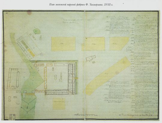 План парусной фабрики Ф. Тиммермана 
План Московской фабрики Ф. Тиммермана на Хамовном дворе в Преображенском
