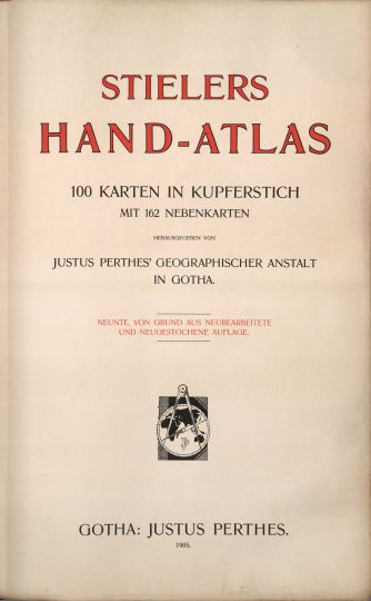 Титульный лист Атласа Штилера 1905 года % Cover list of Stielers Hand-Atlas
Титульный лист Атласа Штилера 1905 года. Stielers Hand-Atlas. 100 Karten in Kupferstich mit 162 Nebenkarten herausgegeben von Justus Perthes' Geographischer Anstalt in Gotha. Neunte, von Grund aus Neubearbeitete und Neugestochene auflage. Gotha: Justus Perthes. 1905.
Ключевые слова: карты мира,атласы,немецкие карты,атласы Штилера