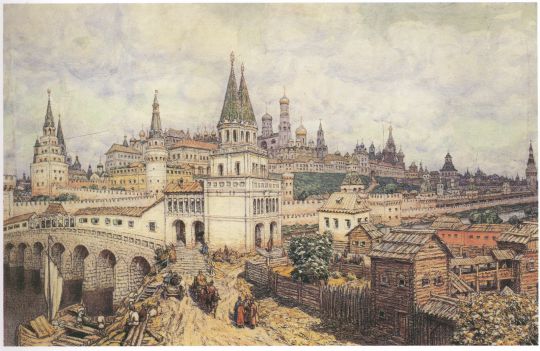 Расцвет Кремля. Всехсвятский мост и Кремль в конце XVII века
Согласно статье А.М. Васнецова, источником информации для этой картины послужила гравюра Пикарта, изображающая панораму Кремля с Всехсвятским мостом 
