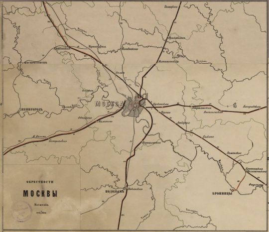 Окрестности Москвы
Врезка на Листах VII и X Почтовой Карты Европейской части России. Масштаб 14 верст в английском дюйме). Картографическое заведение А. Ильина по Екат. пр. д. N 8.
