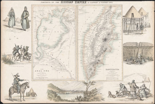 Карта Камчатки%Map of Kamchatka
Карта Камчатки. Фрагмент цветной гравюры. Components: The Aral Sea according to Khanikoff -- Kamchatka according to A. Erman. Relief shown by hachures and spot heights. No. 8 from Fullarton's Royal Illustrated Atlas of Modern Geography. Includes seven illustrations in the border depicting lifestyles of the regions represented in the maps. Maps engraved by G.H. Swanston, border illustrations engraved by J. Dunlop. In color. Published in London by A. Fullarton in 1860.
Ключевые слова: Петропавловск,Камчатка,английские карты