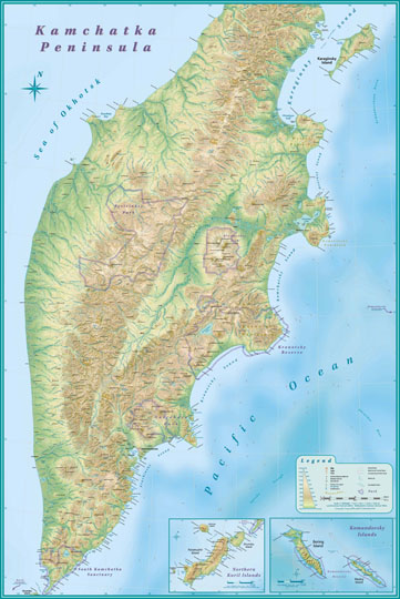 Карта Камчатки 1:1M%Map of Kamchatka
Карта Камчатки. Kamchatka Peninsula. Cartographic design by Polaris Cartography. Масштаб 1:1,000,000. На врезках - карты Северных Курильских островов и Командорских островов. 
Ключевые слова: Петропавловск-Камчатский,Камчатка