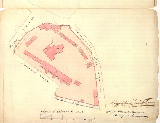 Ивановский монастырь. План
Изъяснение плана. Черные линии означают нынешнее положение границ. Красные - прожект Комиссии. Под литерой "А" строение вновь выстроенное от Духовной Типографии 

