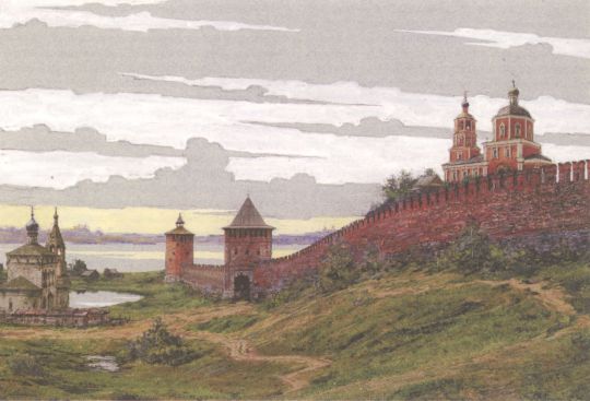 Местность у Яузских ворот Белого города в начале XVIII века
Местность у Яузских ворот Белого города в начале XVIII века. На переднем плане слева - церковь Николы в Кршелях, лавки по Яузской улице, за ними - пруд в пойме Яузы. За крепостной сетеной - вновь выстроенная церковь Петра и Павла. Видны две башни Белого города - проездная Яузская и угловая Москворецкая. Реконструкция В.А. Рябова
