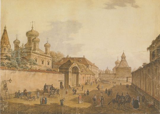 Вид на Малой Лубянке на церковь Гребневской Богоматери и Никольские ворота Китай-города
