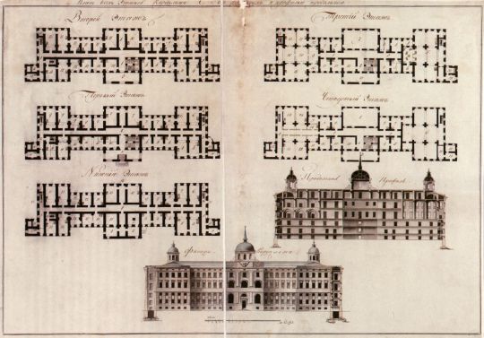 Поэтажные планы Воспитательного дома
Воспитательный дом. Главный корпус. Фасад и разрез. Поэтажные планы.

