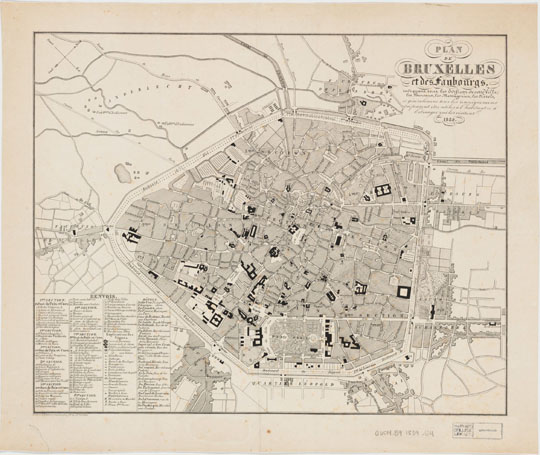 План Брюсселя%Map of Brussels
План Брюсселя и окрестностей. Plan de Bruxelles et des faubourgs :  indiquant tous les edifices de cette villes, les bureaux, les messageries, les hôtels, et généralement tous les renseignemens qui peuvent être utiles à l habitant et à l étranger qui les visitent. 1839. Gérard, H., creator. 34 х 42 см.
Ключевые слова: Брюссель