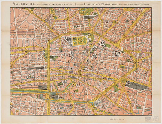План Брюсселя%Map of Brussels
План Брюсселя. Plan de Bruxelles et des communes limitrophes. Nouveau plan de la ville de Bruxelles. Imbreghts, P., creator, Kiessling & cie Polleunis, Ceuterick & Lefébure. 1 map : col. front & back ; 39 x 51 cm. + 1 pamphlet cover (12 cm.).
Ключевые слова: Брюссель