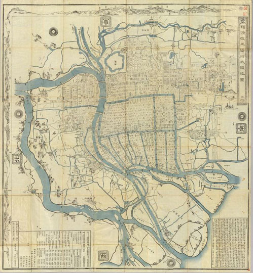 План Осаки%Map of Osaka
План Осаки. Zoshu kaisei Sesshu Osaka chizu : zen / Okada Gyokuzan shazu; Ooka Shoken teisei; Soshii hosei; Akamatsu Zeno kosei. Bunka 3 [1806]. 153х142см.
Ключевые слова: Осака,японские карты