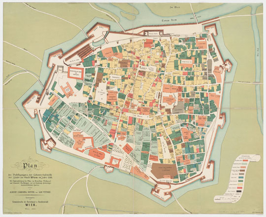 План Вены 1:1K%Map of Vienna
План Вены. Plan der befestigungen u. der hohenverhältnisse der häuser wer stadt Wien im Jahre 1566 :  mit zugrundelegung der pläne von Bonifaz Wolmuet und Daniel Suttinger und mite benützung gleichzeitiger handschriftlicher quellen   / verfast von Albert Cámesina Ritter von San Vittore; Alb. R. v. Cámesina fec. 1878. Масштаб [1:1,800]. Cámesina, Albert Ritter von San Vittore, 1806-1881, creator. Reiffenstein, G. Vienna (Austria), Gemeinderat. 84 x 104 cm. 
Ключевые слова: Вена,Австрия