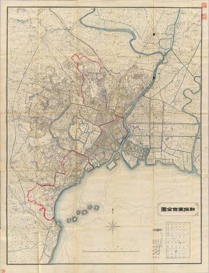 План Токио 1:18K%Map of Tokyo
План Токио. Shinsen Tokyo zenzu / Kanazawa Ryota. Meiji 25 [1892]. 96х72см. Масштаб 1:18000
Ключевые слова: Токио,японские карты