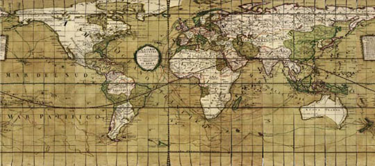 Карта мира 1:35M%World map
Карта мира, составленная на основе глобуса работы Джиованни Мариа Кассини. Globo terrestre delineato sulle ultime osservazioni con i viaggi e nuove scoperte del Cap. Cook, inglese ; Gio. Ma. Cassini C.R.S. inc. Roma : Presso la Calcografia camerale, 1790. 59х64 см. Масштаб 1:35,000,000.
Ключевые слова: Карты мира