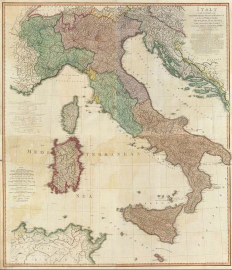 Карта Италии 1:1M%Map of Italy
Карта Италии. Italy with the addition of the southern parts of Germany as far as Pettau in Stiria; Murlakia, Dalmatia, the adjacent countries, and all the Illyric Islands, by L.S. De la Rochette. 2d. edition describing the new divisions. London, published by Willm. Faden, Geographer to the King and to H.R.H. the Prince of Wales, Charing Cross, Septr. 12th, 1800. 126х109см. Масштаб 1:1,010,000.
Ключевые слова: Рим,английские карты