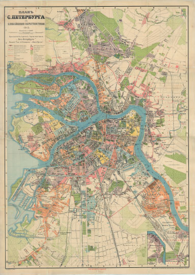 План Санкт-Петербурга с окрестностями 1:21K %Map of St. Petersburg with vicinities
План С.Петербурга с ближайшими окрестностями. 1913. Масштаб 1:21000 (250 сажен в дюйме). Приложение к Адресной и Справочной книге "Весь Петербург". Издание Т-ва А.С. Суворина "Новое Время". Исправленв в 1913г. Составлен и печатан в Картографическом зав. Ю.Ю. Гаш в С.Петербурге, 4 рота, 19.
Ключевые слова: Санкт-Петербург,товарищество Суворина,весь Петербург