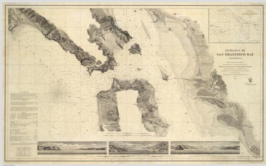 Карта территории Сан-Франциско%Map of San Francisco
Карта территории Сан-Франциско и залива. Entrance to San Francisco Bay California. From a Trigonometrical Survey under the direction of A.D. Bache Superintendent of the Survey Of The Coast Of The United States. Triangulation by R.D. Cutts Asst. & A.F. Rodgers Sub-Assts. Hydrography by the Party under the command of Lieut. Comdg. James Alden U.S.N. Asst. 1859. U.S. Coast Survey Office.  
Ключевые слова: Сан-Франциско,американские карты