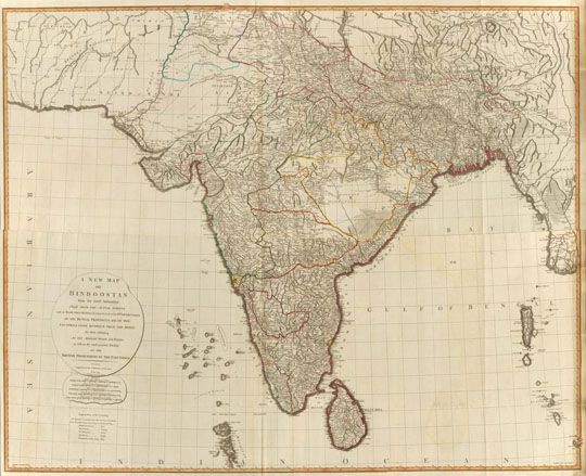 Карта Индии%Map of India
Карта Индии. A new map of Hindoostan from the latest authorities. Chiefly from the actual surveys made by major James Rennell, Surveyor to the Hble. East India Company, of the Bengal Provinces, and of the countries lying between them and Delhy; the whole exhibiting all the military roads and passes, as well as the most accurate division of the British possessions in the East Indies. London, Published by Laurie & Whittle, 53, Fleet Street, 12th May, 1794. 2nd editn. corrected 1804. 119х145см. Масштаб 1: 2,500,000.
Ключевые слова: Индия,Калькутта,Пакистан,Шри-Ланка,Мальдивы,английские карты