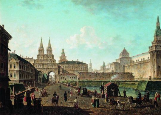 Вид на Воскресенские и Никольские ворота и Неглинный мост от Тверской улицы в Москве
