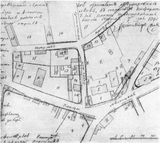 Мясницкая (улица Кирова) и переулки Фуркасовский и Милютинский (улица Мархлевского) в 1793 г. 
