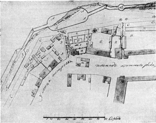 Между Петровкой — Охотным рядом и рекой Неглинной в 1805 г.
Между Петровкой — Охотным рядом и рекой Неглинной в 1805 г. Чертеж. (См. экспликацию в комментарии под № 6). 
